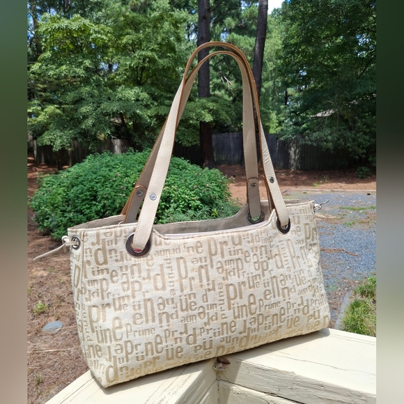 Prune Handbags - Prune Logo Print Soft Cream/Tan Canvas & Tan Leather Trim Shoulder Bag